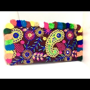 Handmade floral embroidered pom pom wallet clutch